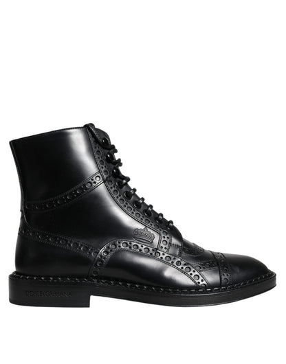 Dolce &amp; Gabbana Black Leather Lace Up Mid Calf Boots Shoes