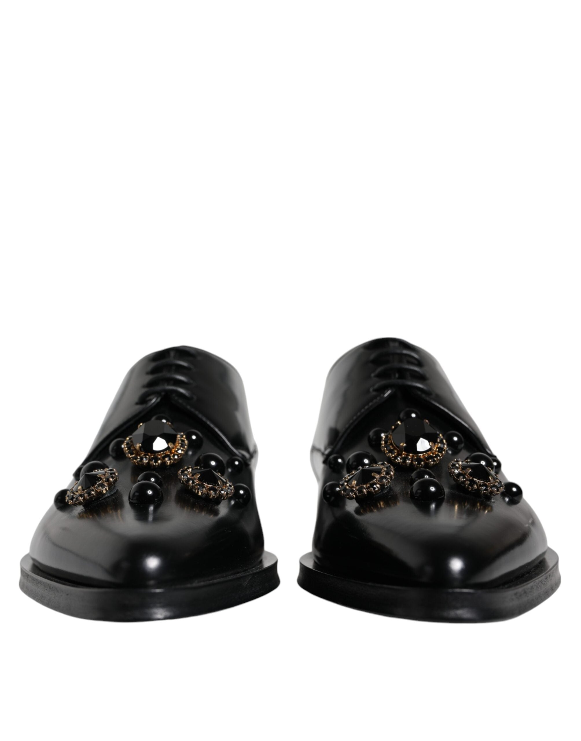 Dolce &amp; Gabbana Black Leather Crystal Lace Up Formal Shoes