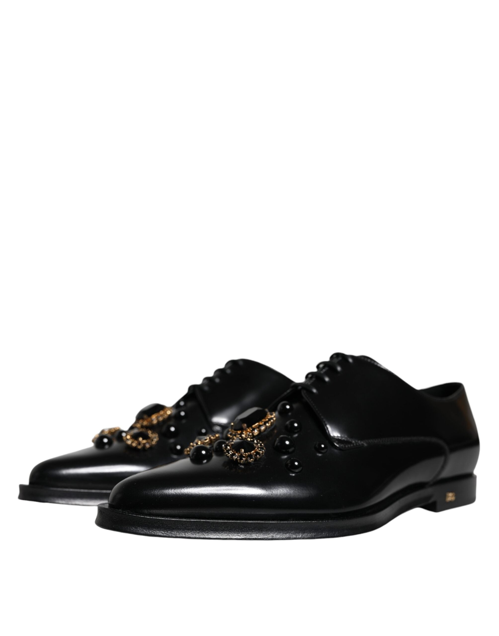 Dolce &amp; Gabbana Black Leather Crystal Lace Up Formal Shoes