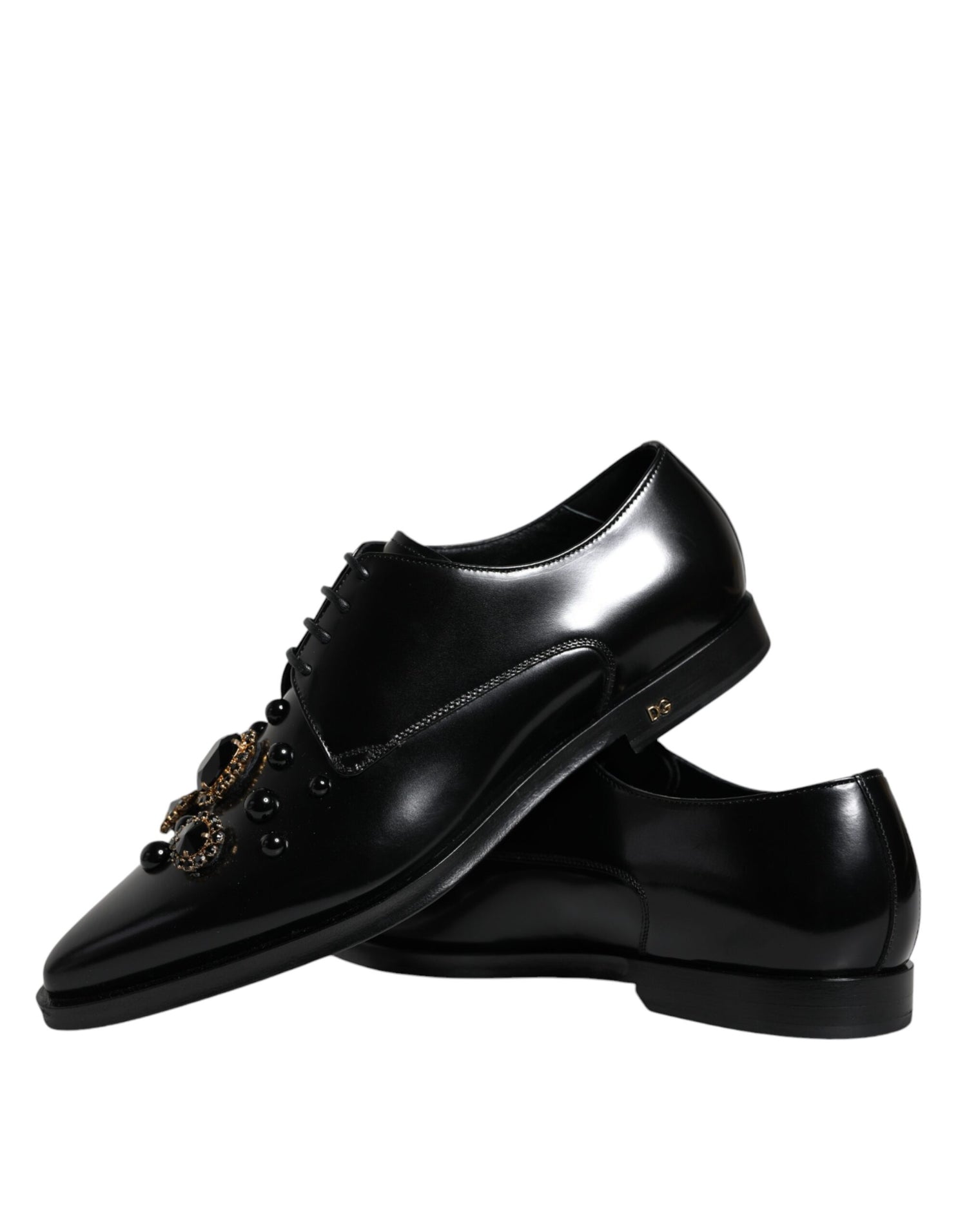 Dolce &amp; Gabbana Black Leather Crystal Lace Up Formal Shoes