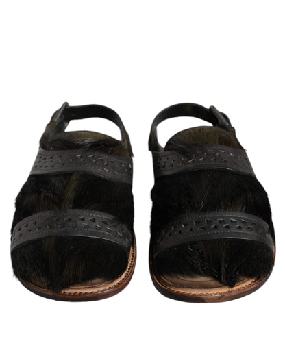 Dolce &amp; Gabbana Black Gazelle Hair Leather Flats Sandals Shoes