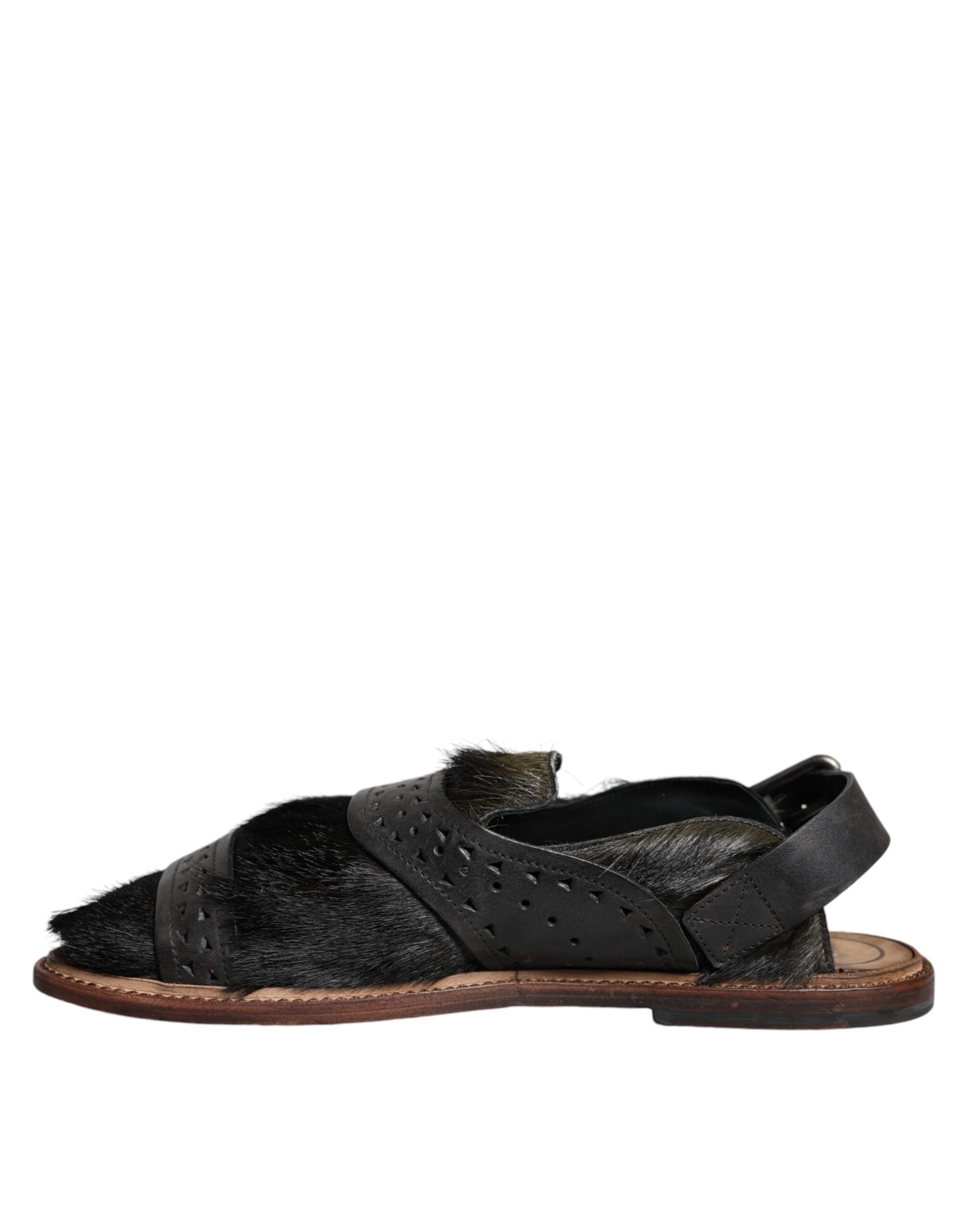 Dolce &amp; Gabbana Black Gazelle Hair Leather Flats Sandals Shoes