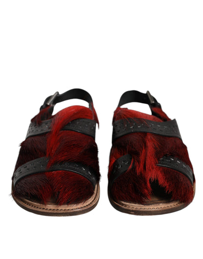 Dolce &amp; Gabbana Black Red Gazelle Hair Leather Sandals Shoes