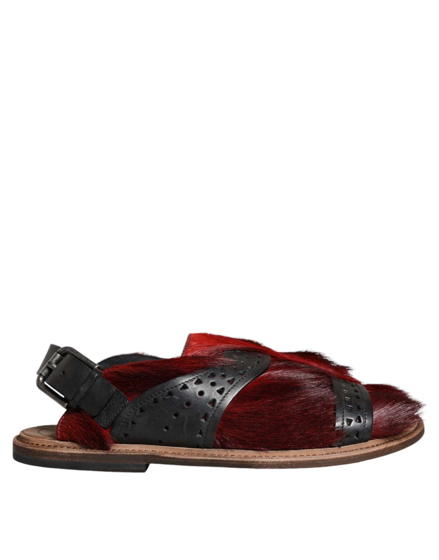 Dolce &amp; Gabbana Black Red Gazelle Hair Leather Sandals Shoes