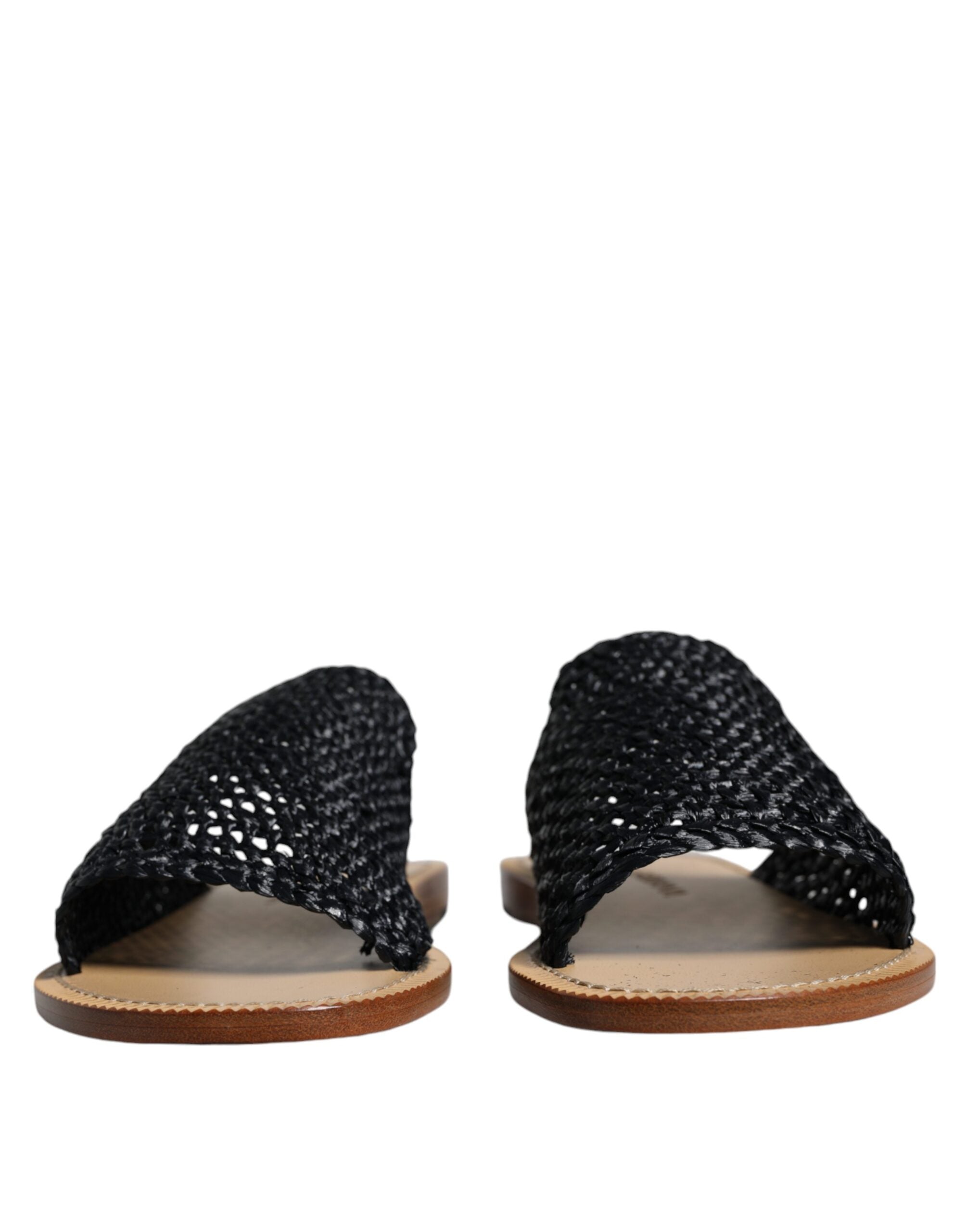 Dolce &amp; Gabbana Black Monochrome Braided Raffia Slides Shoes