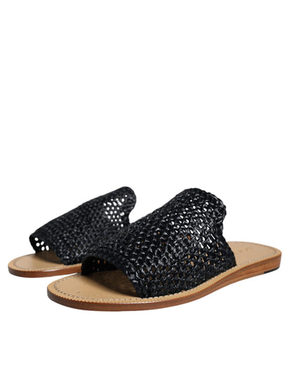 Dolce &amp; Gabbana Black Monochrome Braided Raffia Slides Shoes