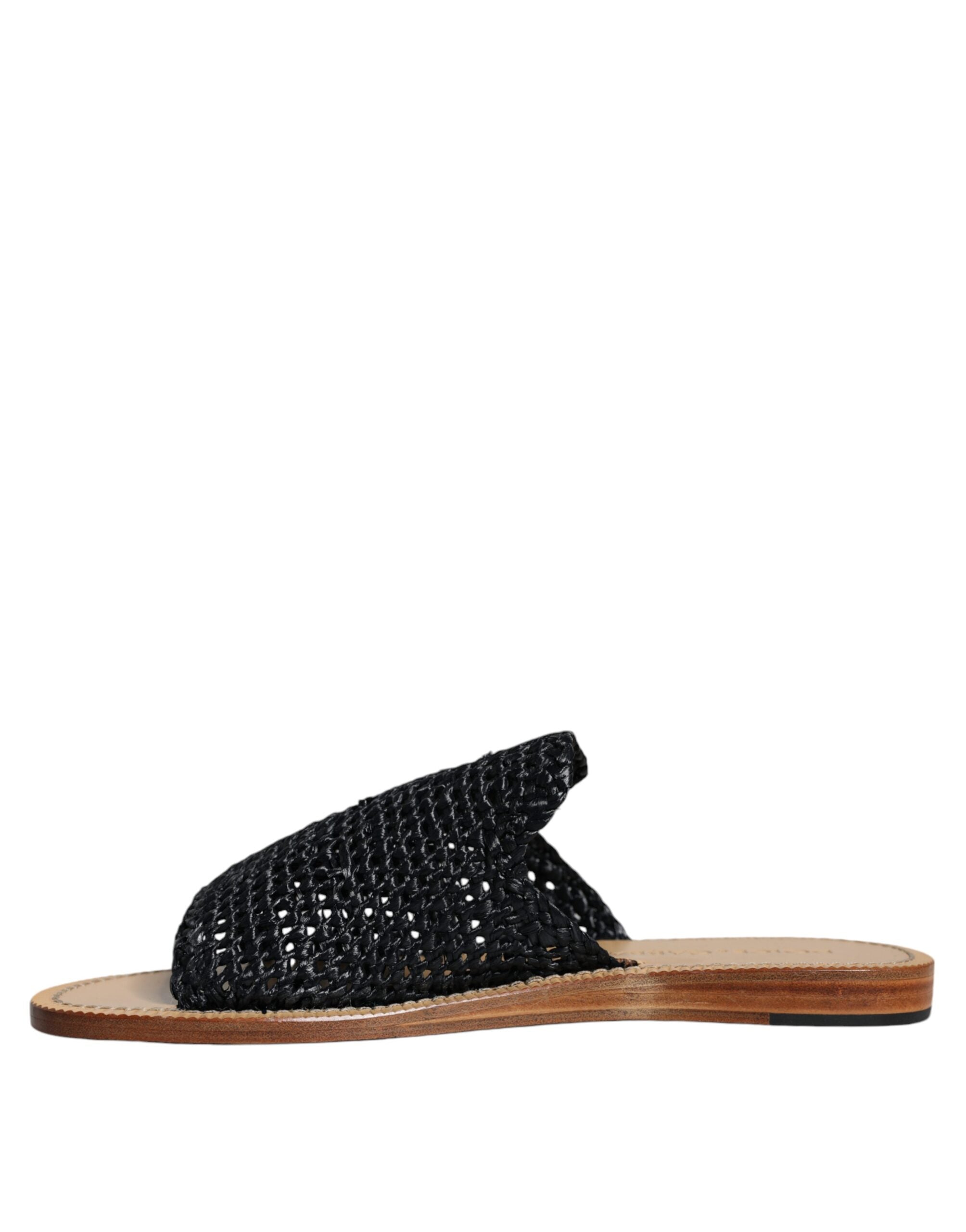 Dolce &amp; Gabbana Black Monochrome Braided Raffia Slides Shoes