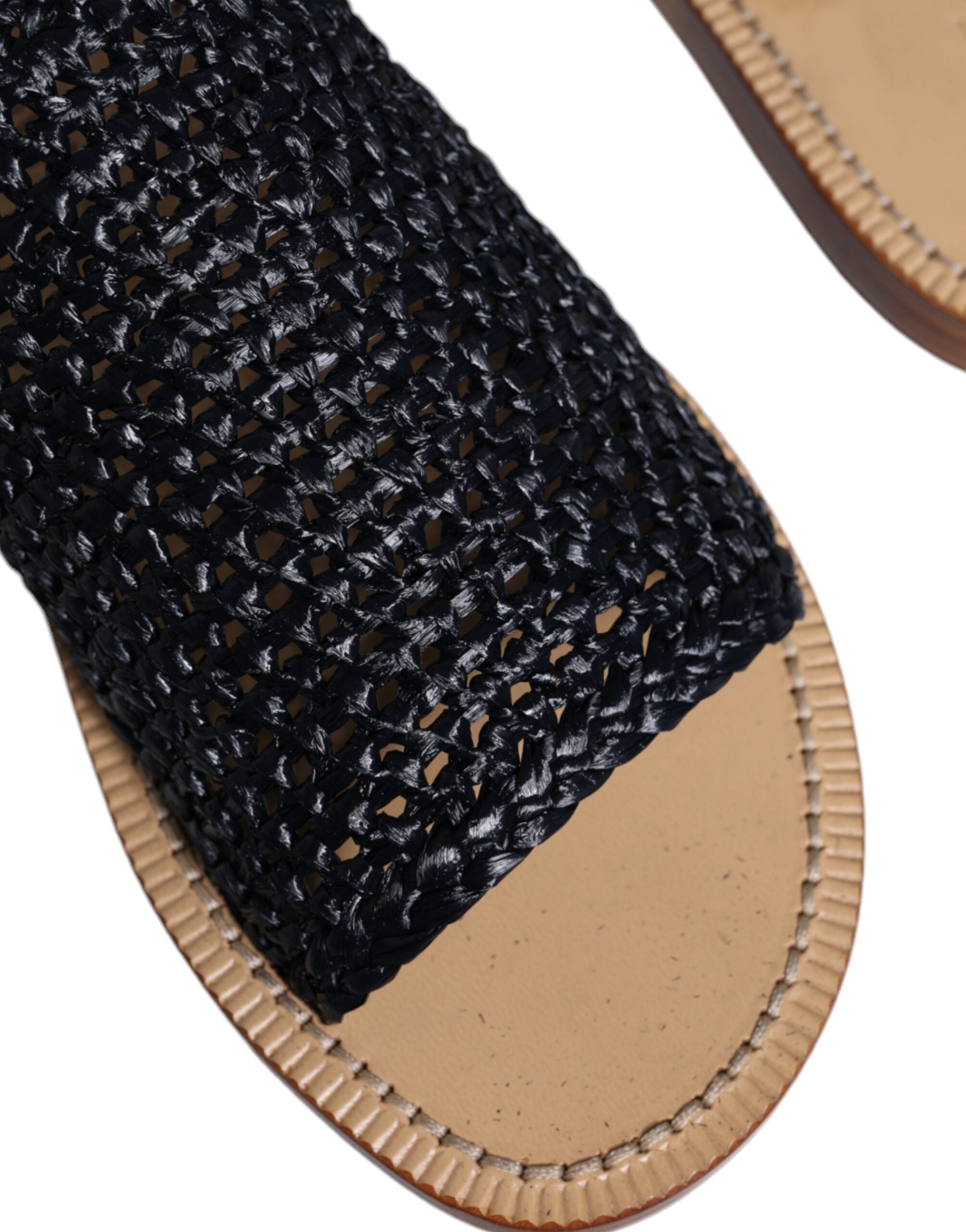 Dolce &amp; Gabbana Black Monochrome Braided Raffia Slides Shoes