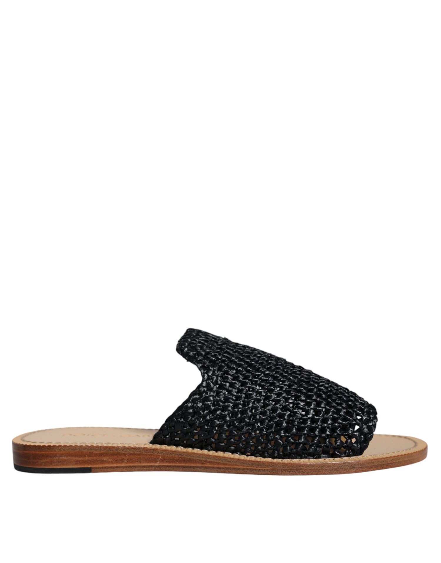 Dolce &amp; Gabbana Black Monochrome Braided Raffia Slides Shoes