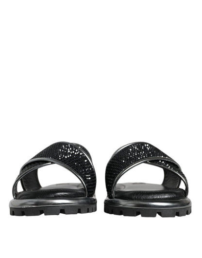 Dolce &amp; Gabbana Black Strass Criss-Cross Slide Sandals Shoes