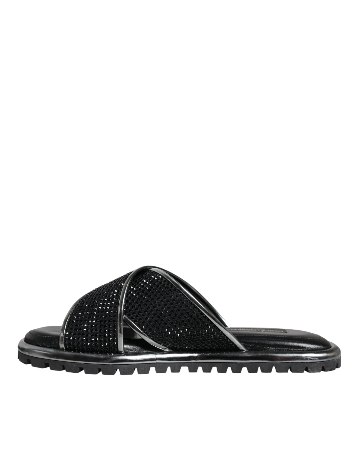 Dolce &amp; Gabbana Black Strass Criss-Cross Slide Sandals Shoes