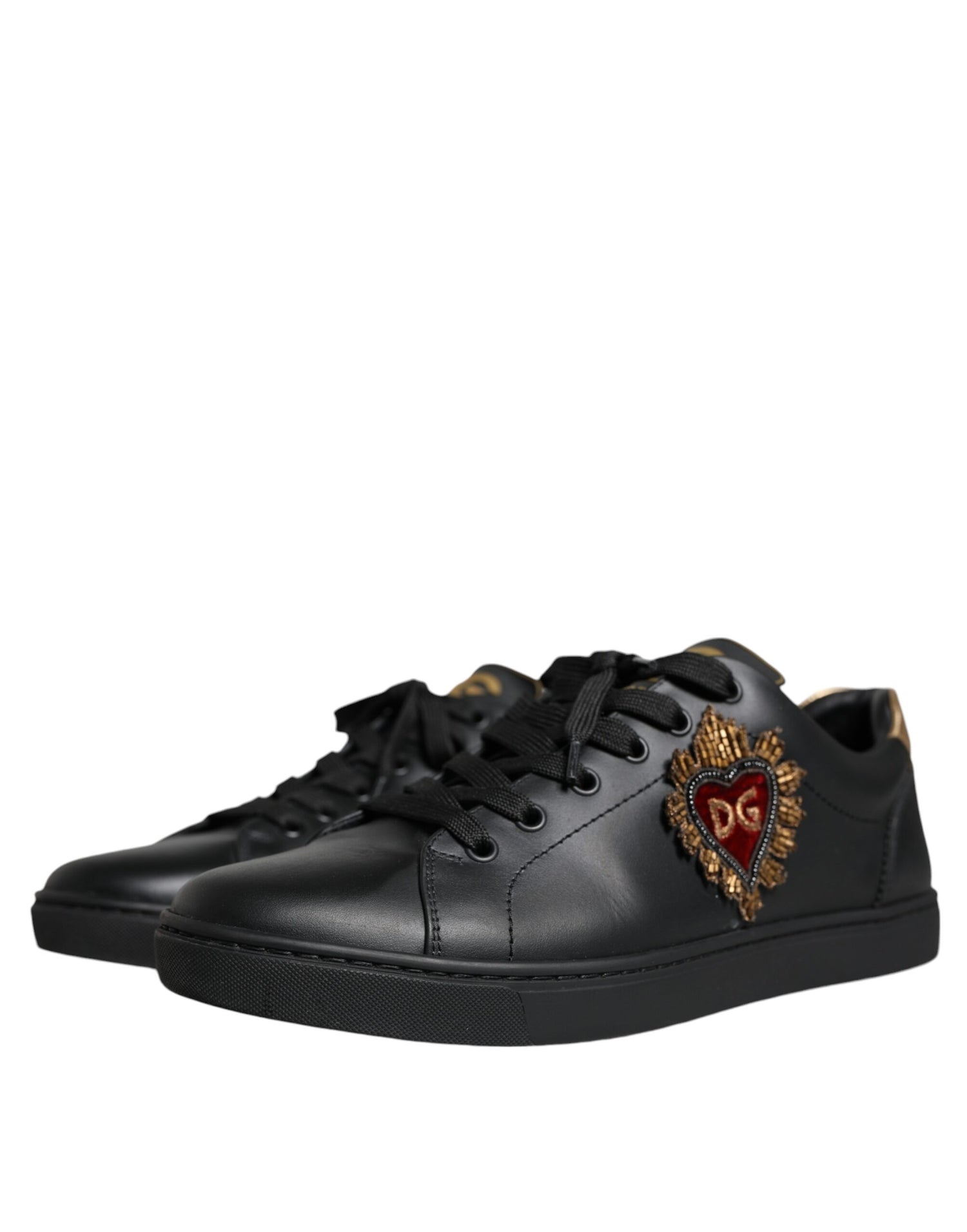 Dolce &amp; Gabbana Black Leather Heart Low Top Casual Sneaker Shoes