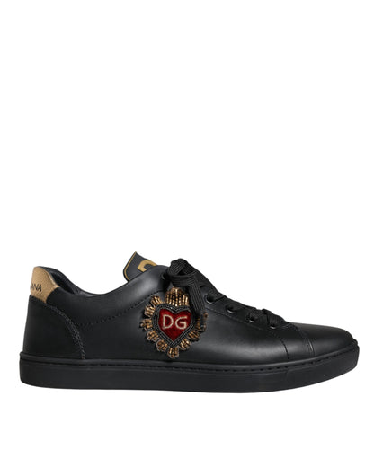 Dolce &amp; Gabbana Black Leather Heart Low Top Casual Sneaker Shoes