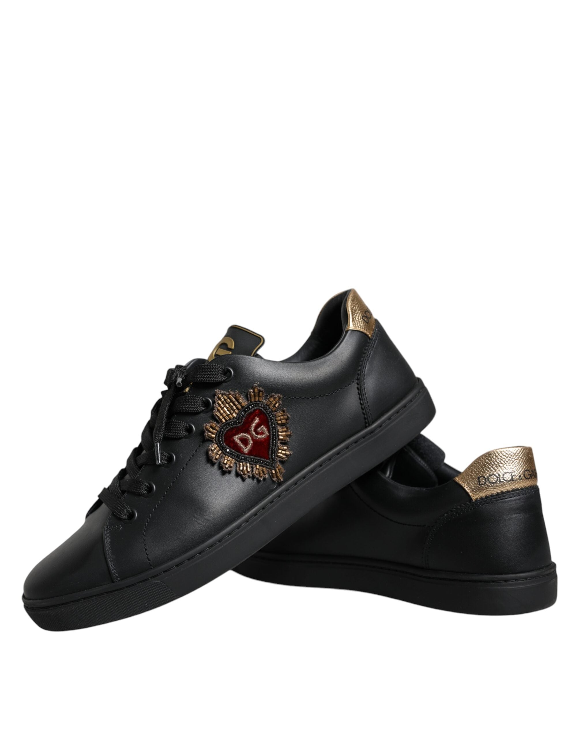 Dolce &amp; Gabbana Black Leather Heart Low Top Casual Sneaker Shoes