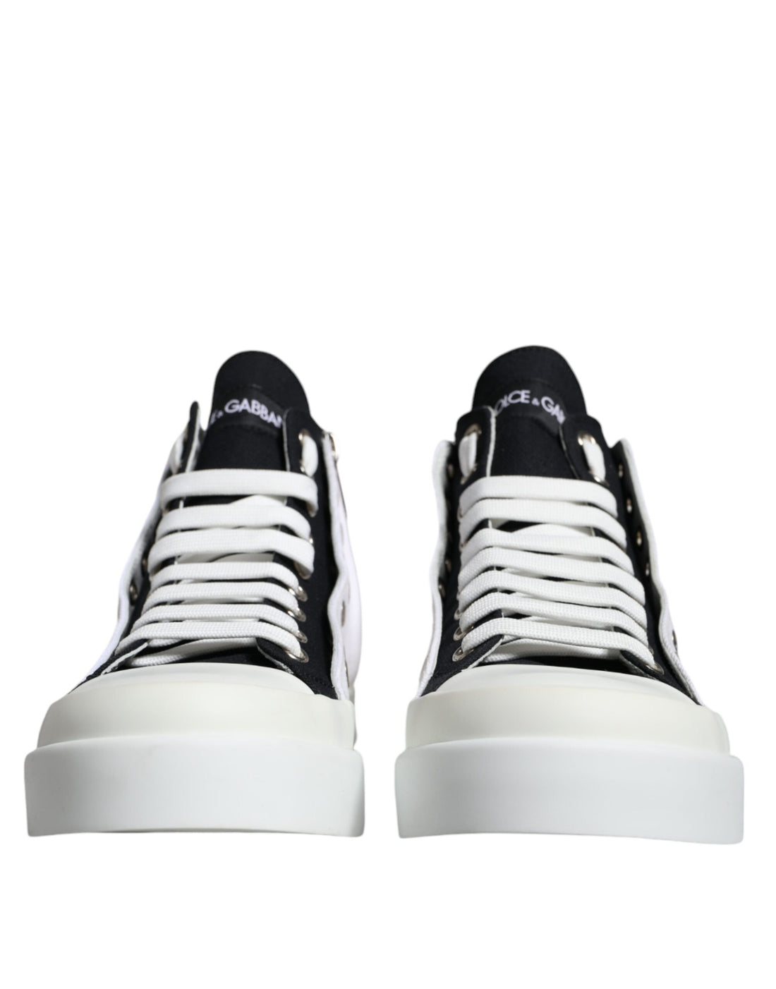 Dolce &amp; Gabbana White Black Cotton Logo High Top Sneaker Shoes