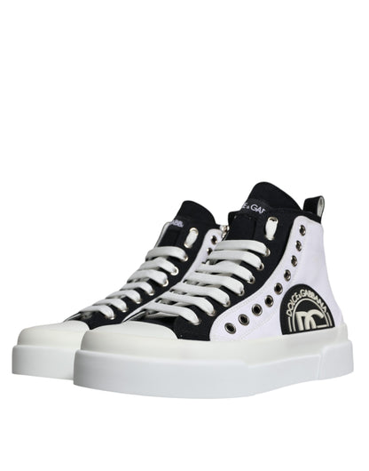 Dolce &amp; Gabbana White Black Cotton Logo High Top Sneaker Shoes