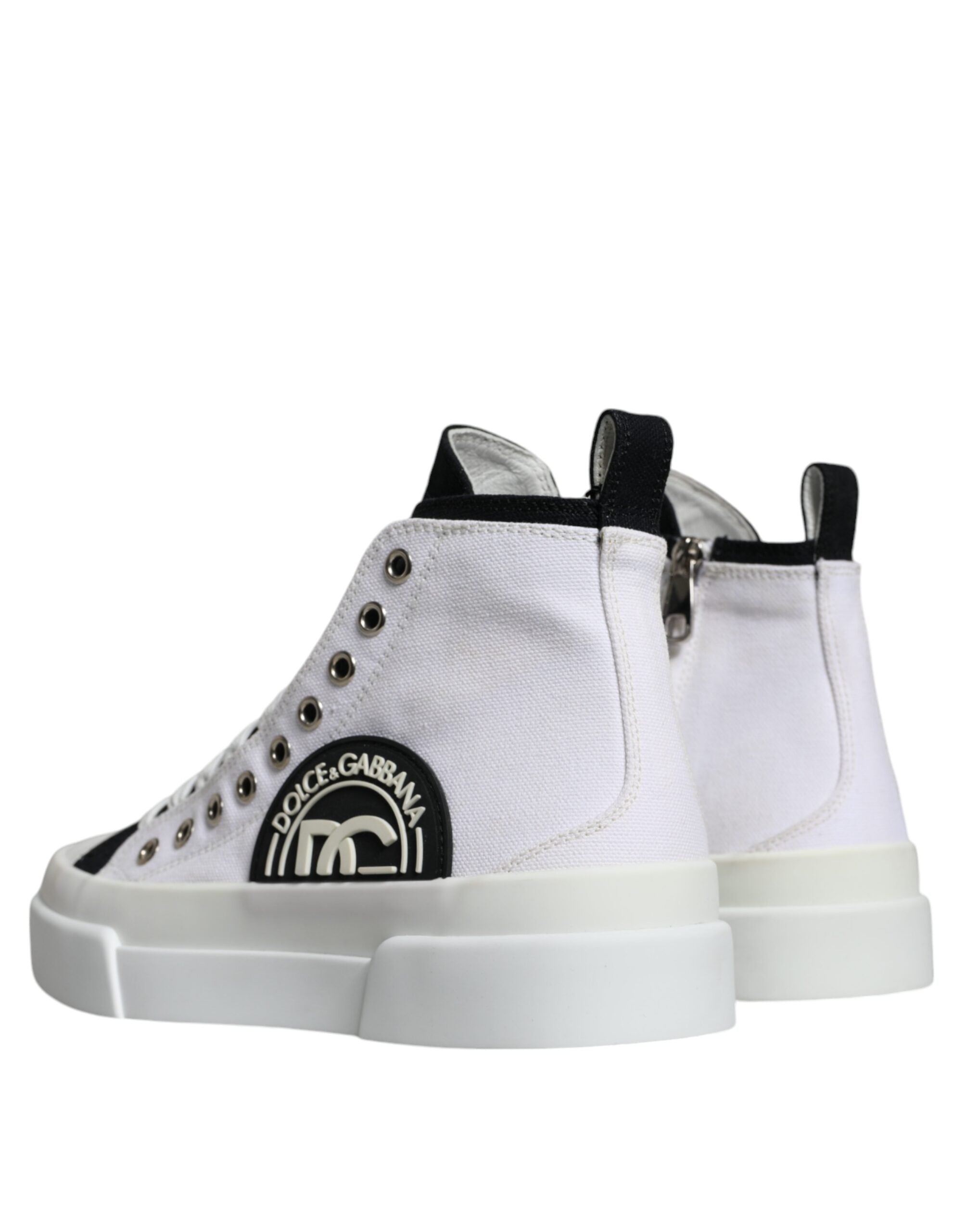 Dolce &amp; Gabbana White Black Cotton Logo High Top Sneaker Shoes