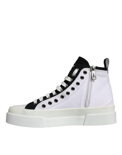 Dolce &amp; Gabbana White Black Cotton Logo High Top Sneaker Shoes