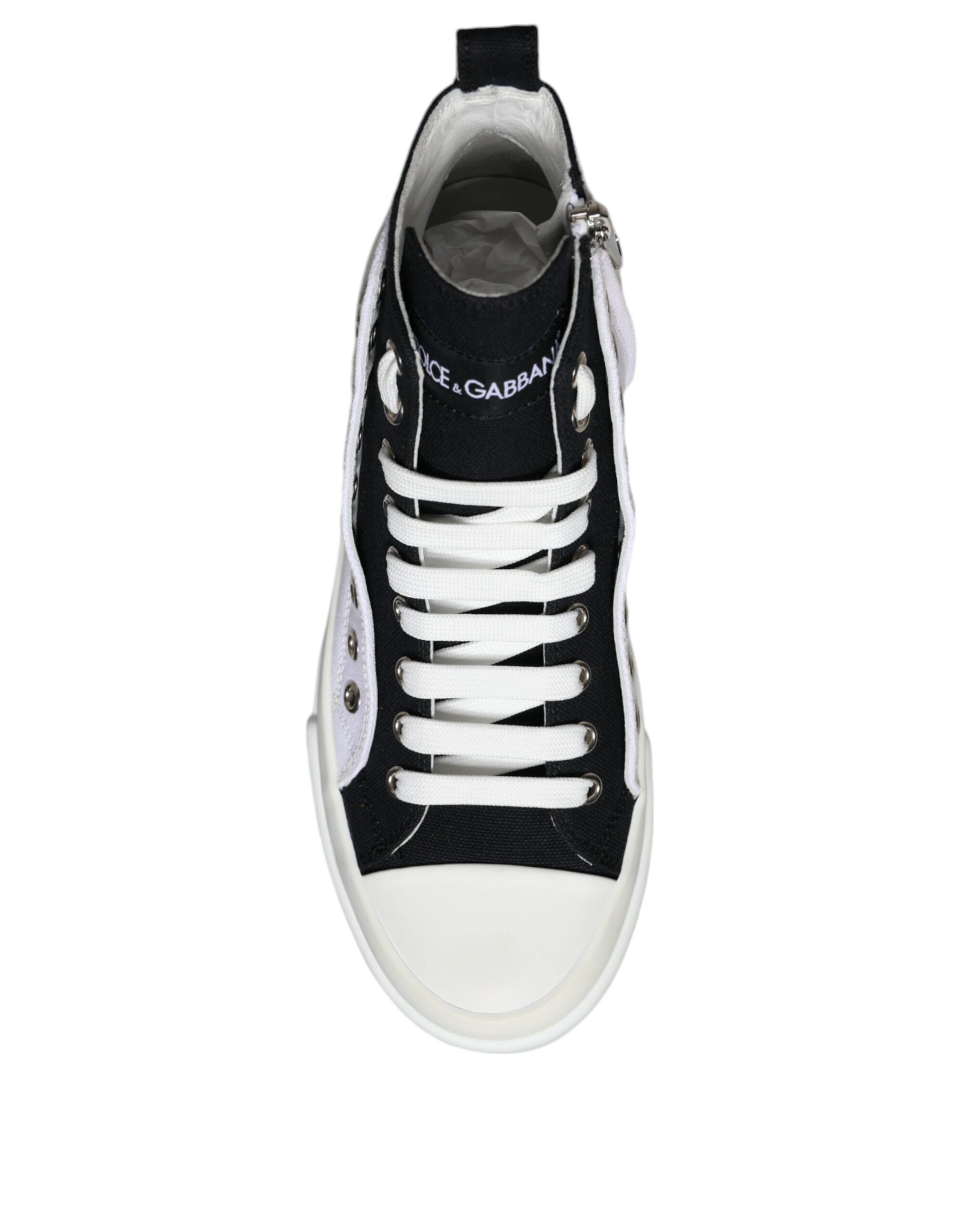 Dolce &amp; Gabbana White Black Cotton Logo High Top Sneaker Shoes