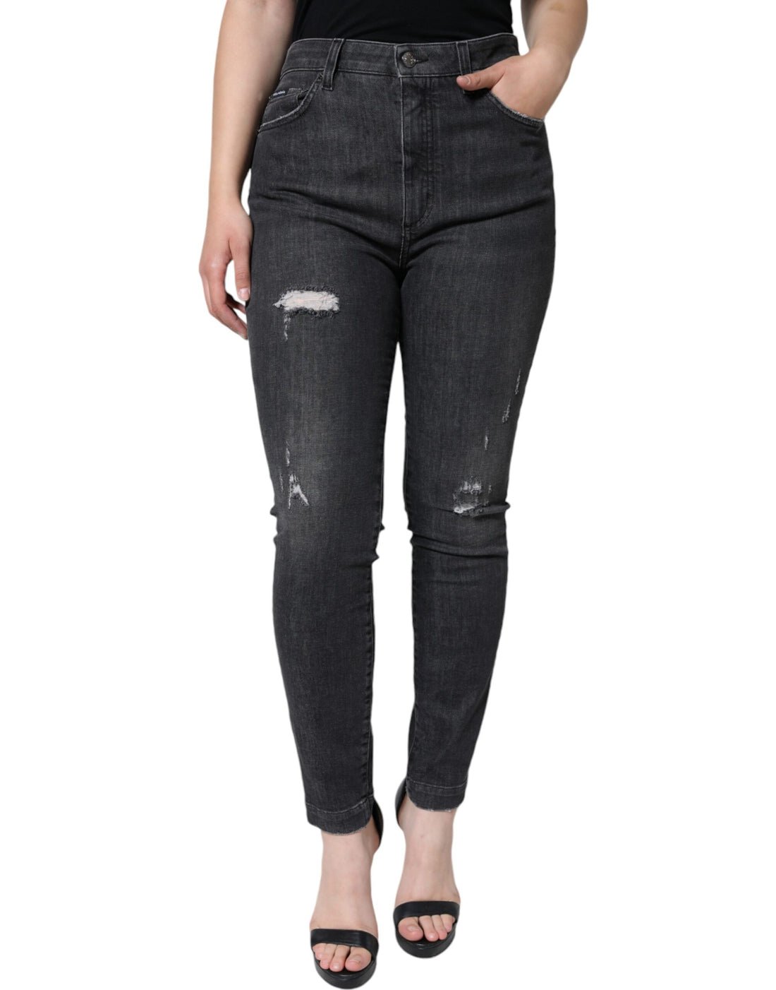 Dolce &amp; Gabbana Black Cotton Stretch Tattered Skinny Jeans