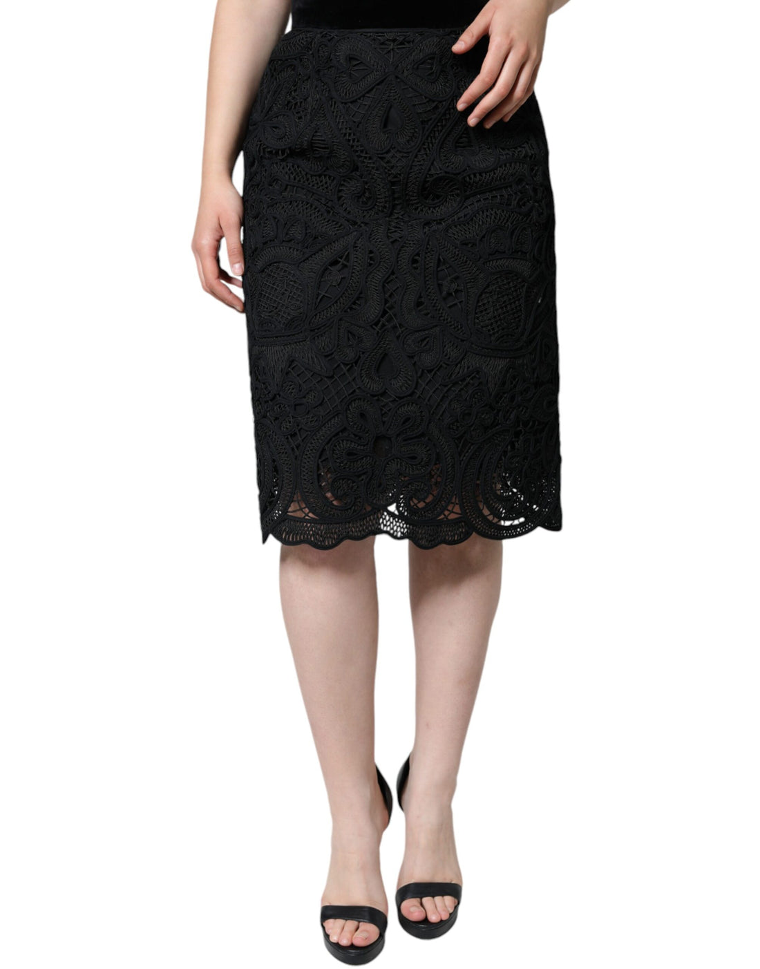 Dolce &amp; Gabbana Black Floral Lace High Waist Pencil Cut Skirt