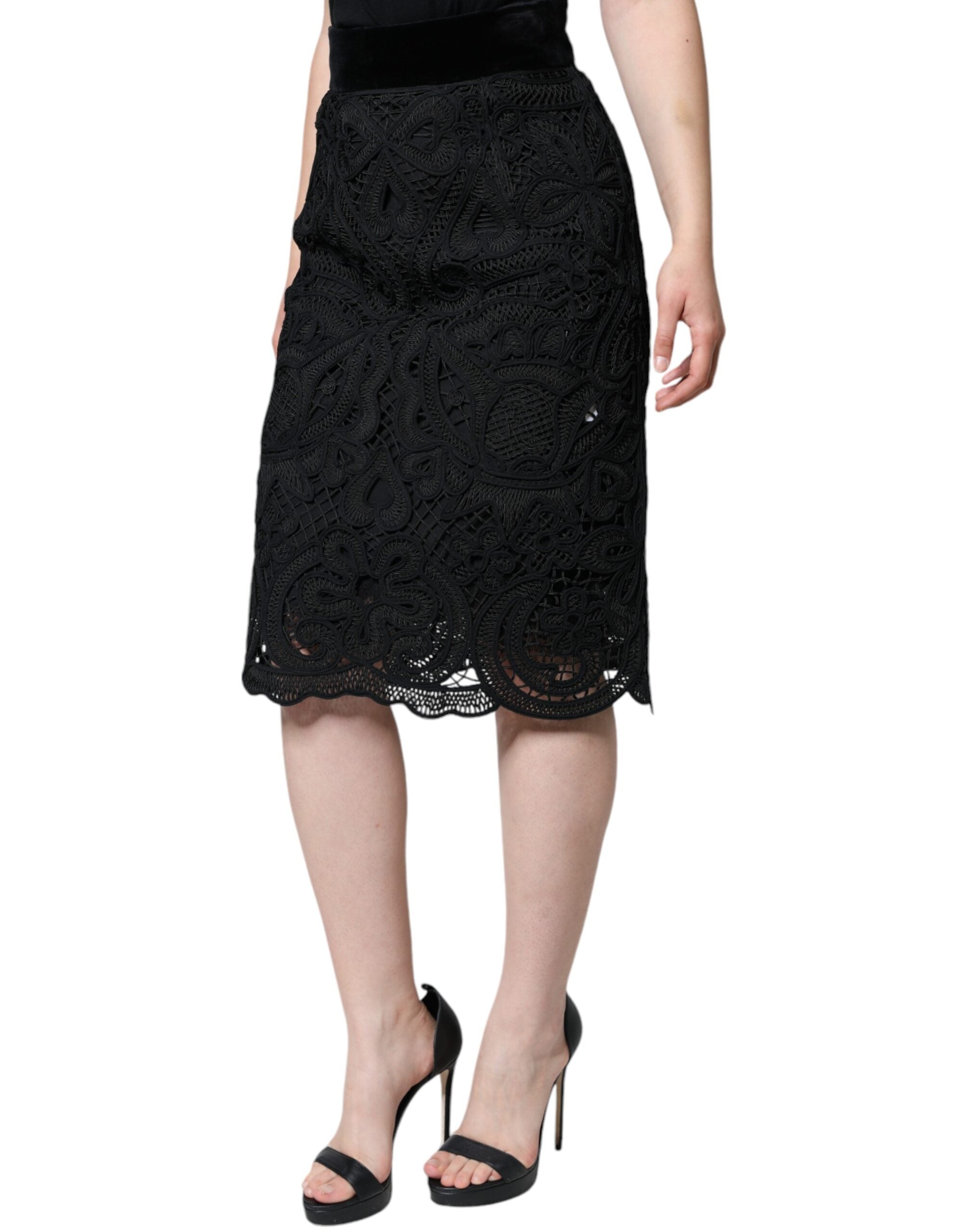 Dolce &amp; Gabbana Black Floral Lace High Waist Pencil Cut Skirt