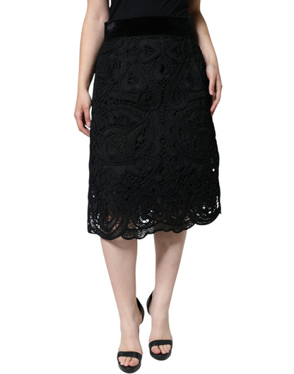 Dolce &amp; Gabbana Black Floral Lace High Waist Pencil Cut Skirt