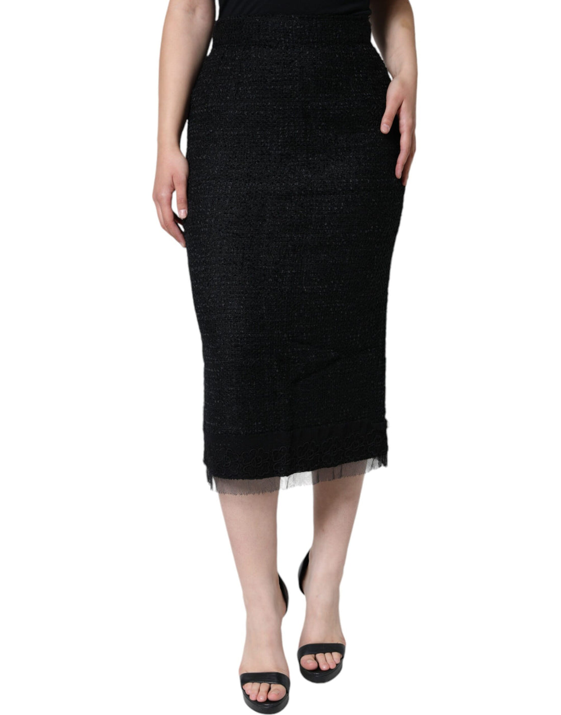 Dolce &amp; Gabbana Black Virgin Wool Pencil Cut Midi Skirt