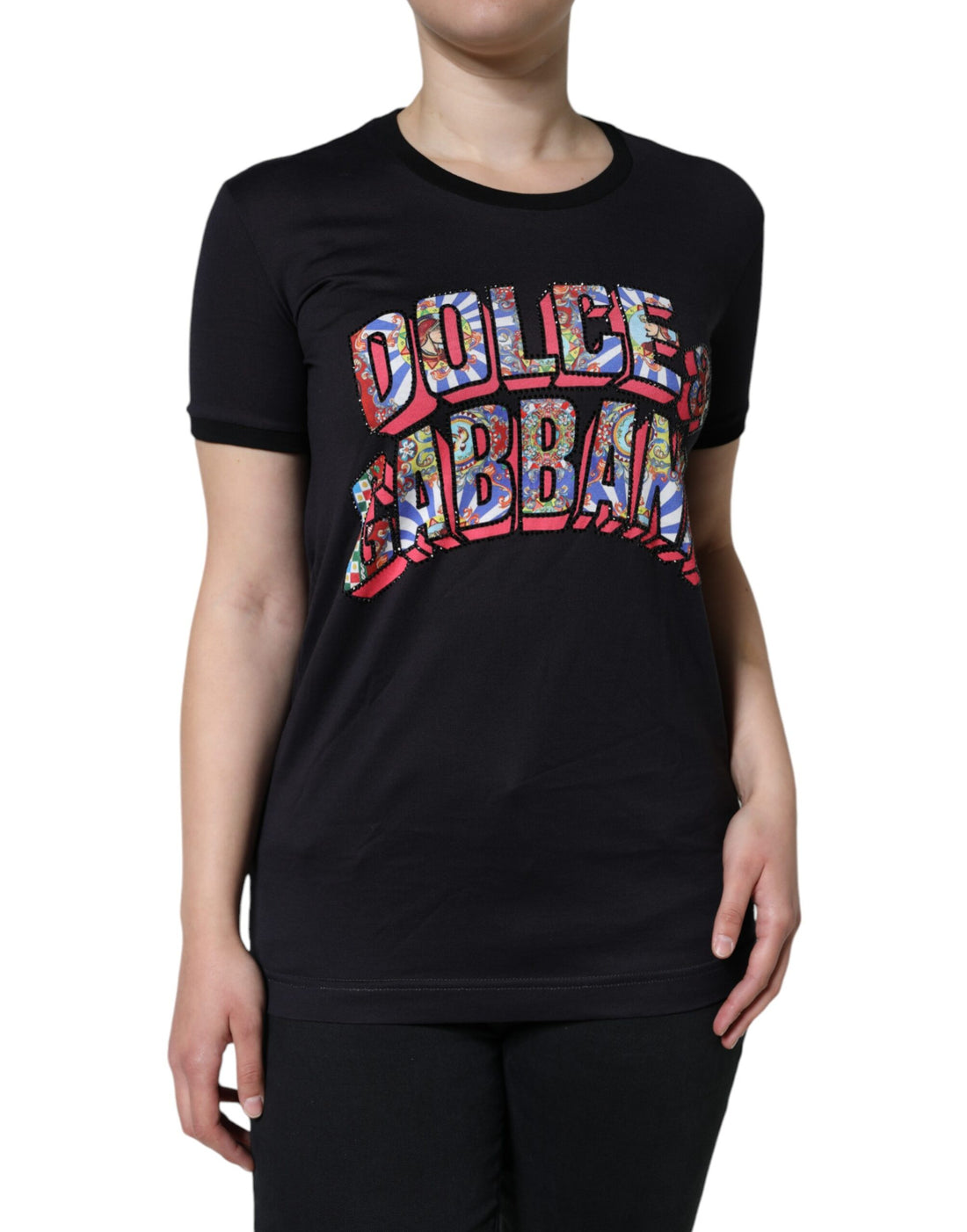 Dolce &amp; Gabbana Black Cotton Logo Print Round Neck T-shirt