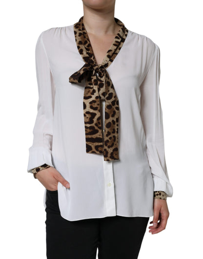 Dolce &amp; Gabbana White Ascot Collar Long Sleeve Top Blouse