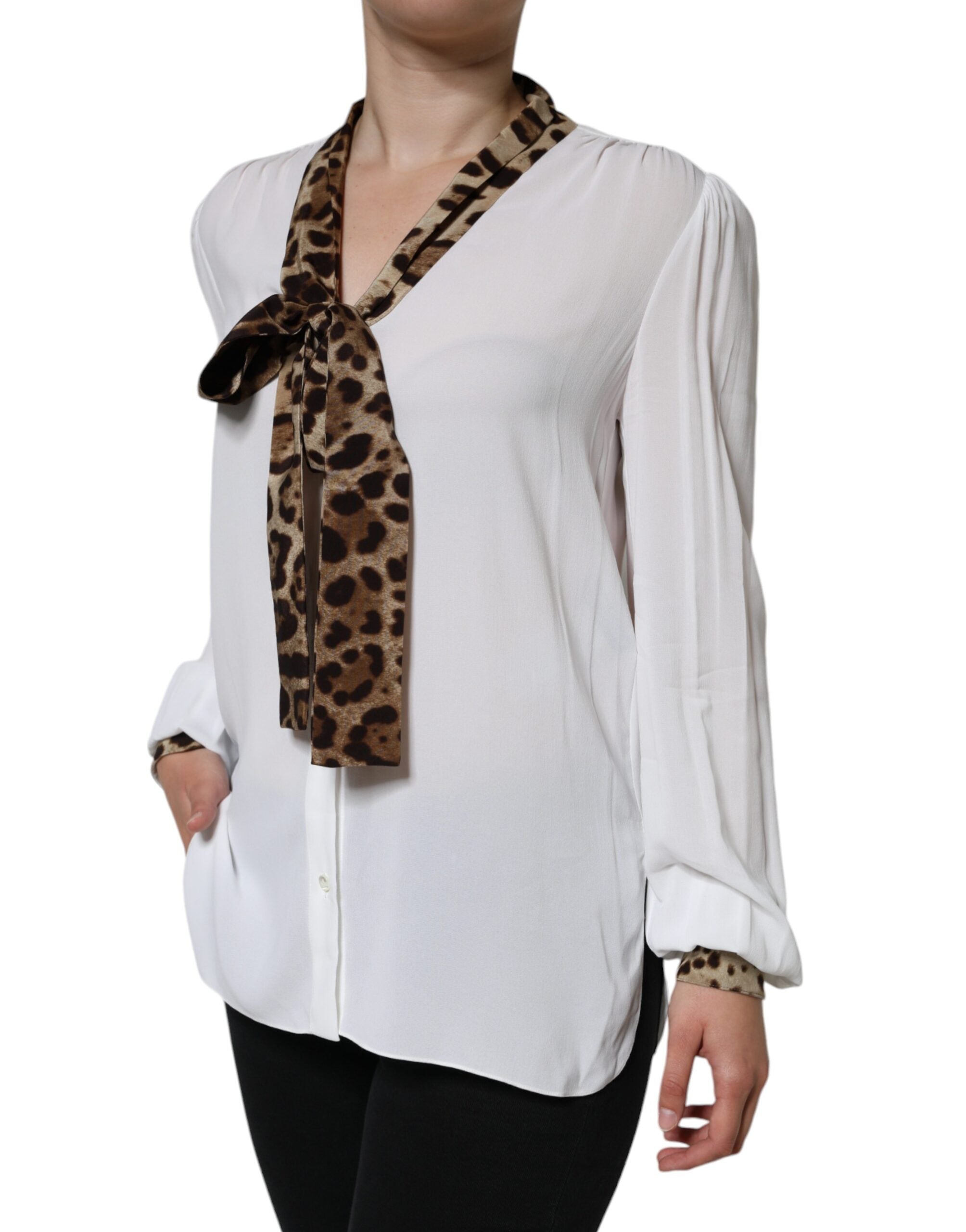 Dolce &amp; Gabbana White Ascot Collar Long Sleeve Top Blouse