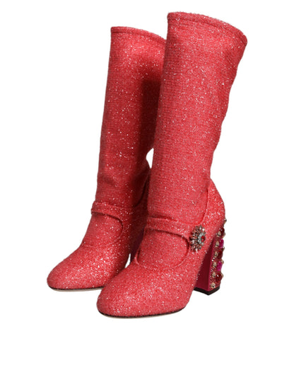 Dolce &amp; Gabbana Pink Crystal Lurex Fantasy High Boots Shoes