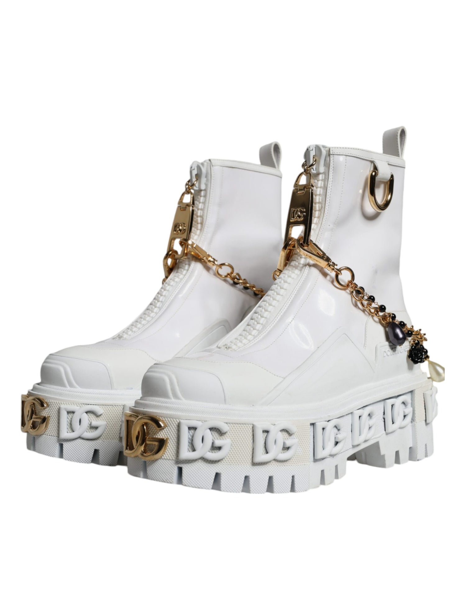 Dolce &amp; Gabbana White Rubber Embellished Logo Ankle Boots Shoes