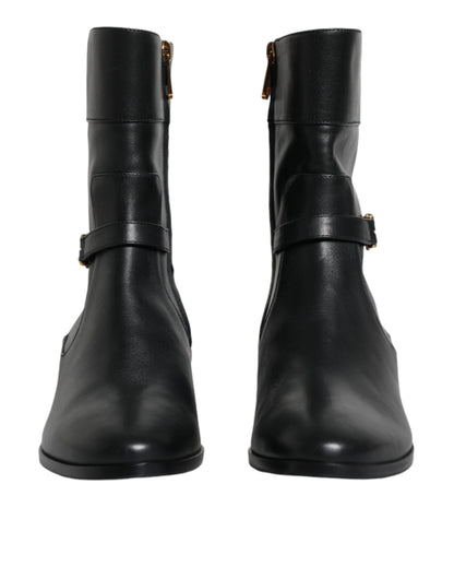 Dolce &amp; Gabbana Black Leather Logo Mid Calf Boots Shoes