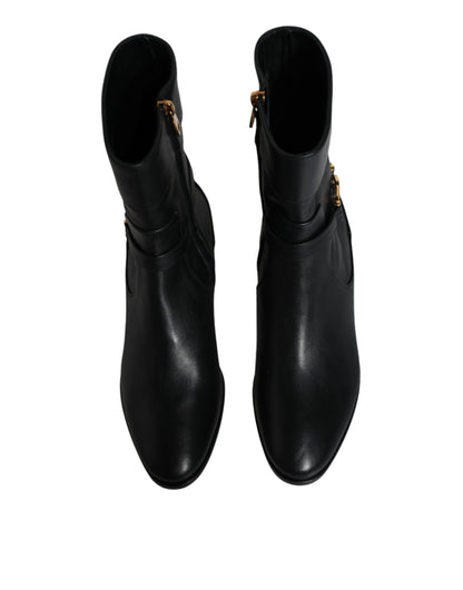 Dolce &amp; Gabbana Black Leather Logo Mid Calf Boots Shoes