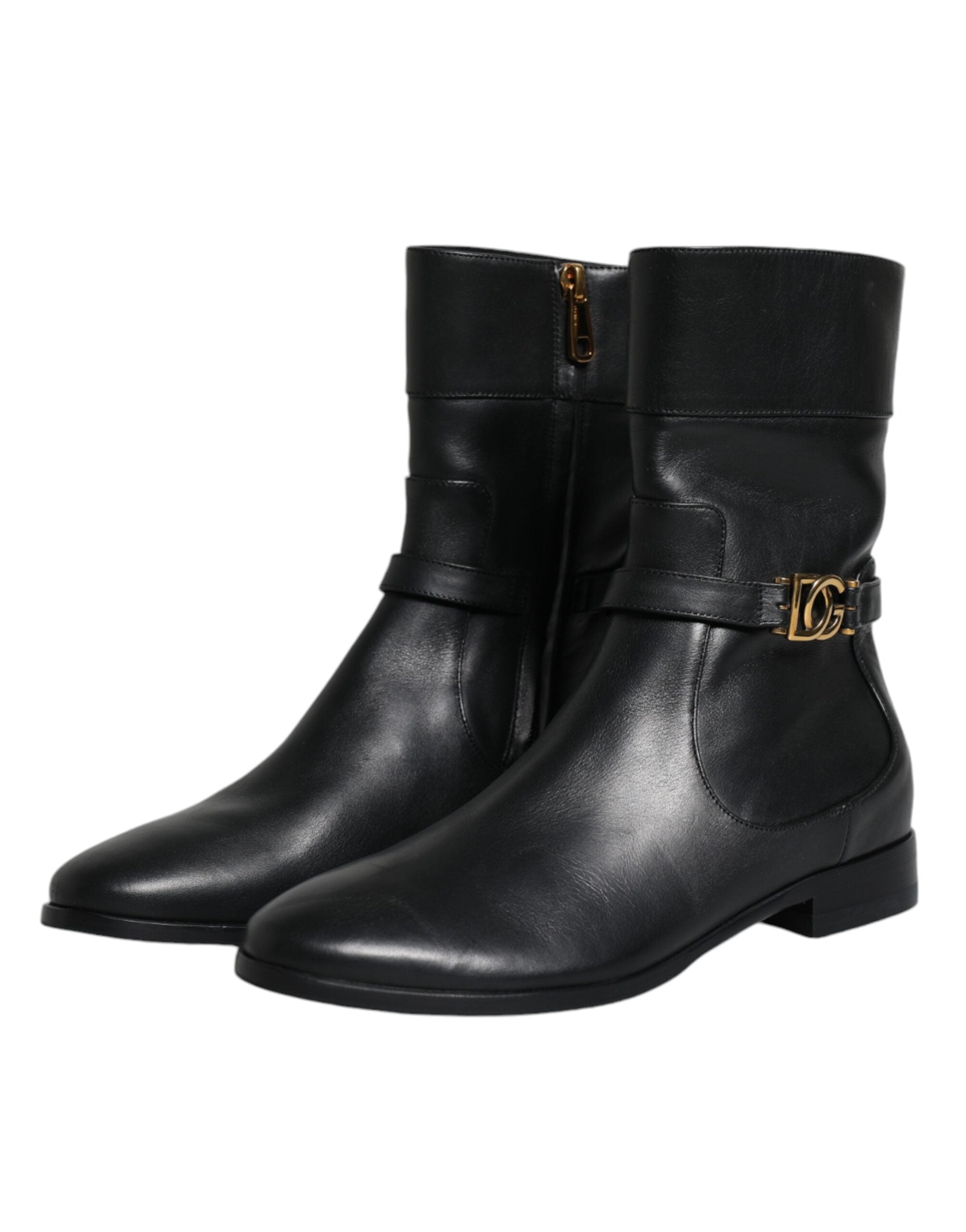 Dolce &amp; Gabbana Black Leather Logo Mid Calf Boots Shoes