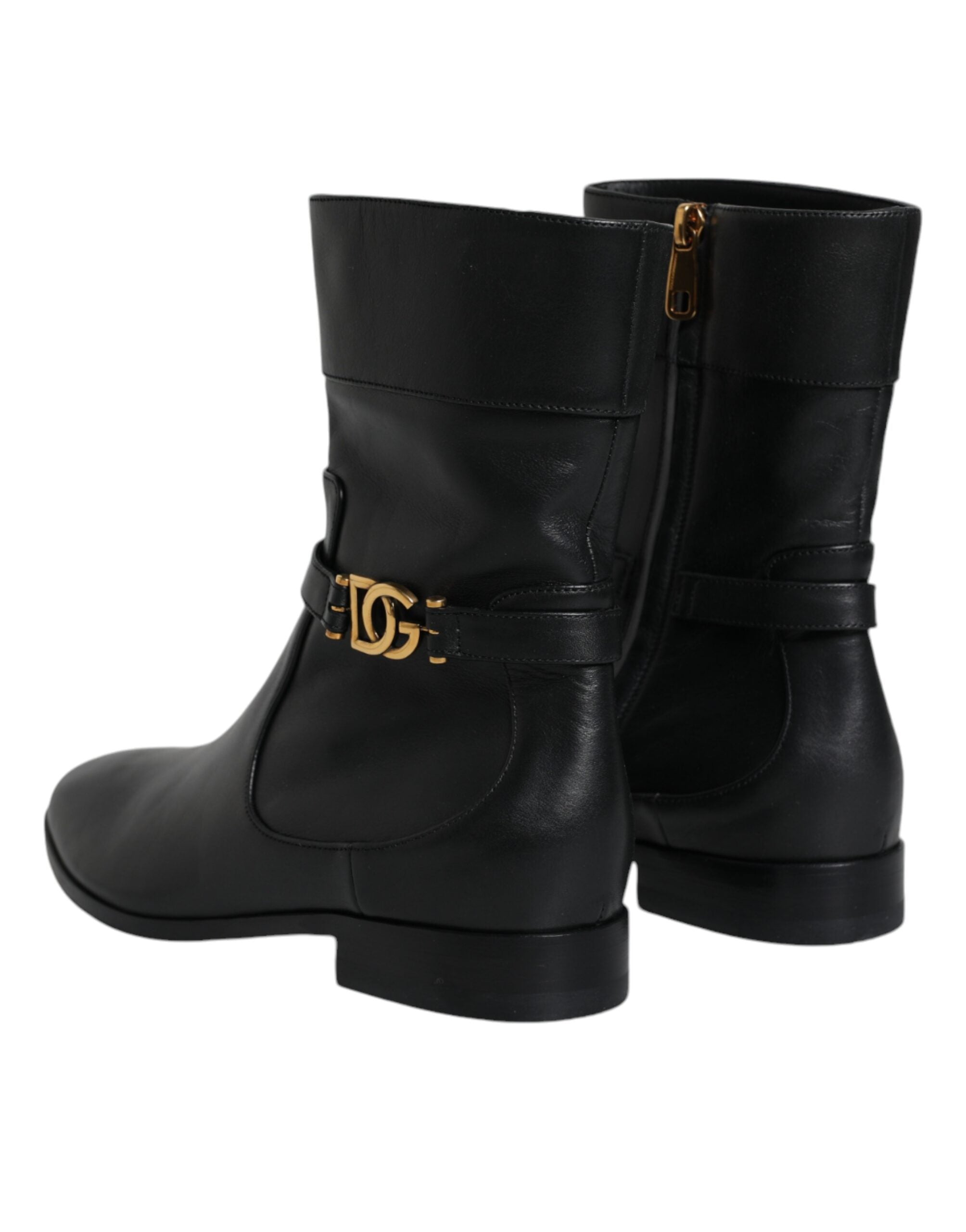 Dolce &amp; Gabbana Black Leather Logo Mid Calf Boots Shoes