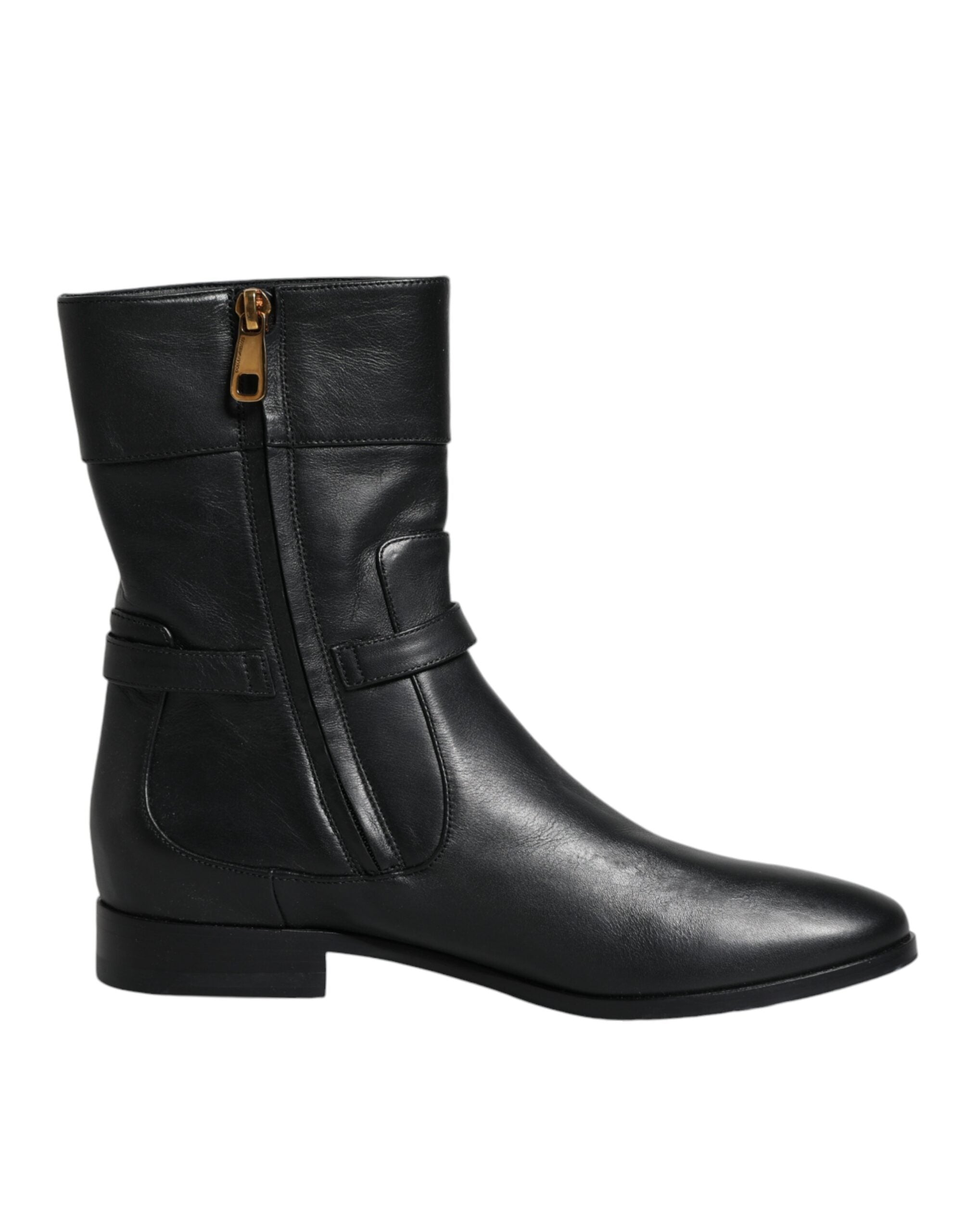 Dolce &amp; Gabbana Black Leather Logo Mid Calf Boots Shoes