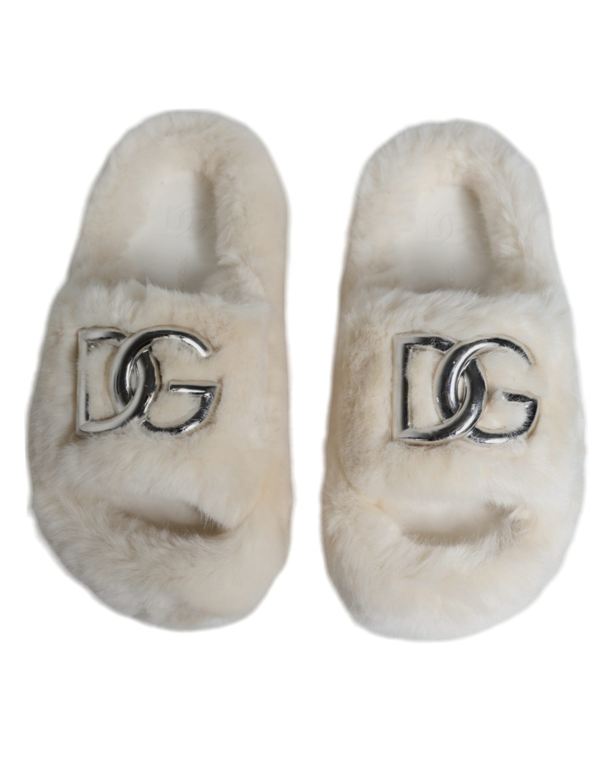 Dolce &amp; Gabbana Beige Faux Fur Slides Flats Sandals Shoes