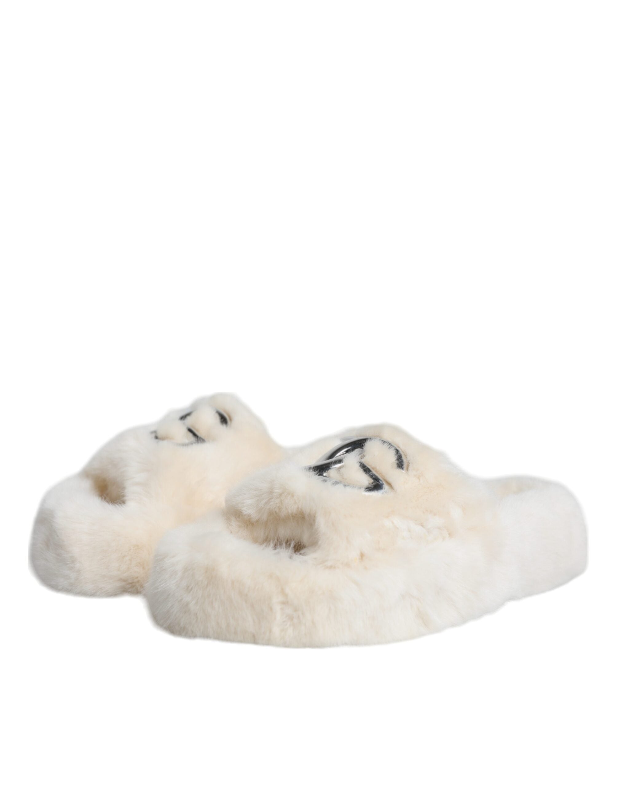 Dolce &amp; Gabbana Beige Faux Fur Slides Flats Sandals Shoes