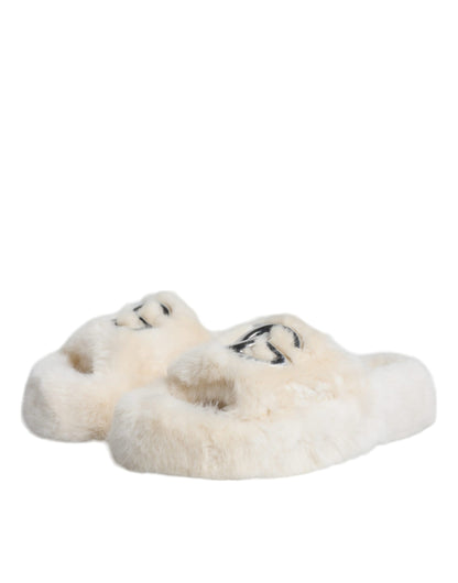 Dolce &amp; Gabbana Beige Faux Fur Slides Flats Sandals Shoes