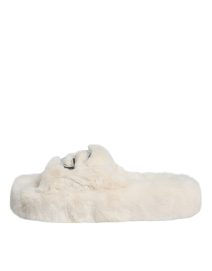 Dolce &amp; Gabbana Beige Faux Fur Slides Flats Sandals Shoes