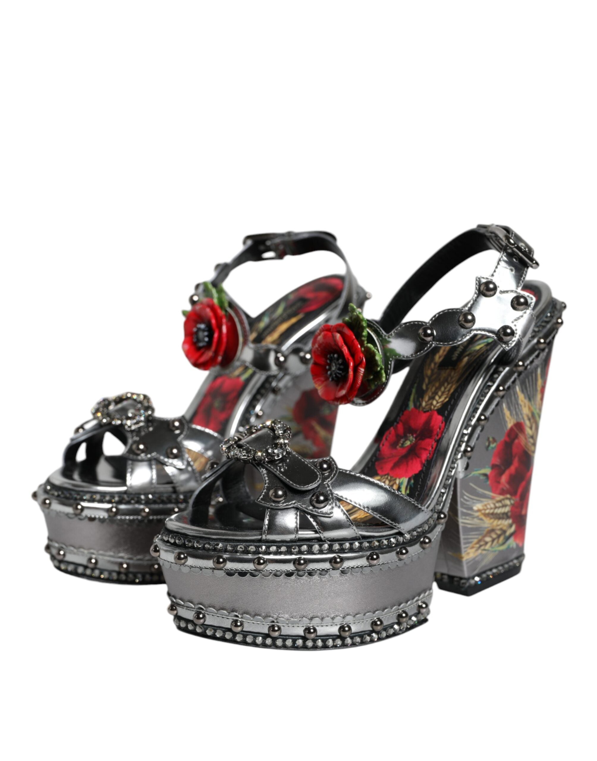 Dolce &amp; Gabbana Silver Embellished Platform Heels Sandals Shoes