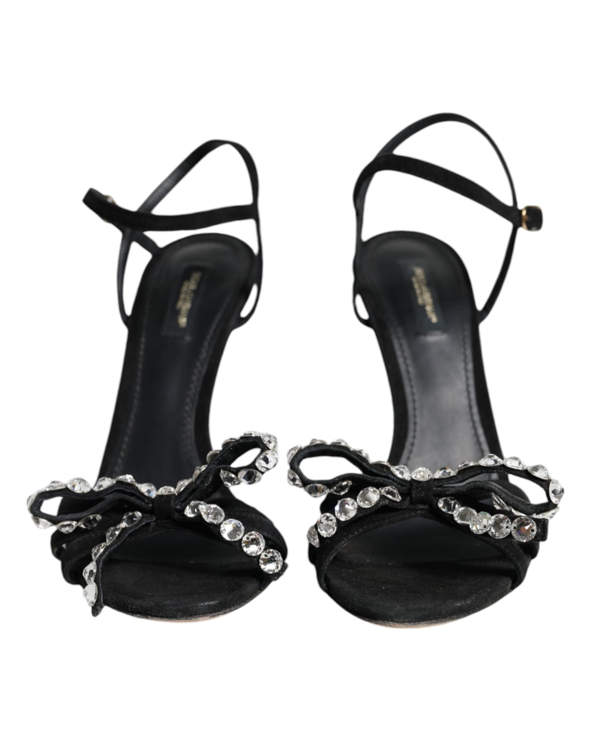 Dolce &amp; Gabbana Black Leather Crystal Bow Heels Sandals Shoes