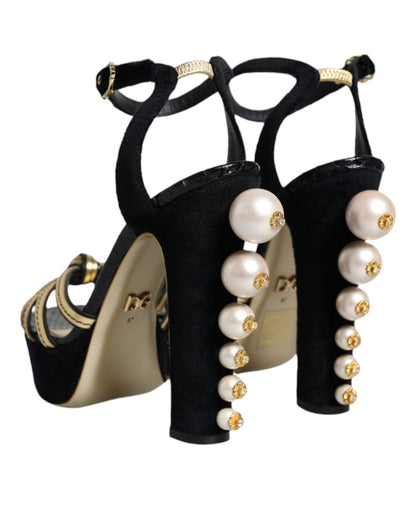 Dolce &amp; Gabbana Black Leather Faux Pearl Heel Sandals Shoes