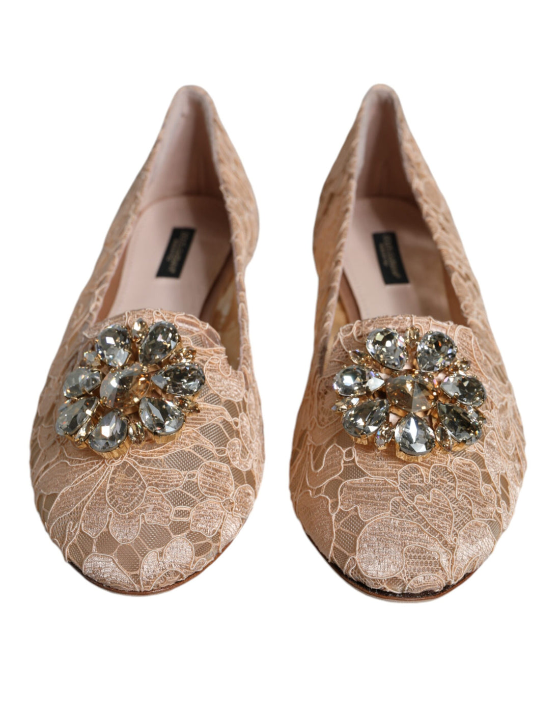 Dolce &amp; Gabbana Beige Lace Crystal Ballet Flats Loafers Shoes