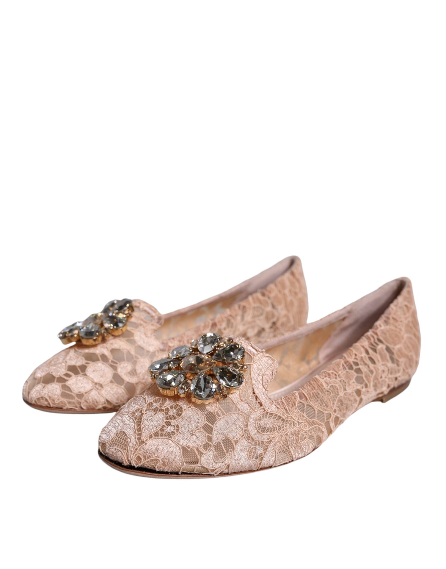 Dolce &amp; Gabbana Beige Lace Crystal Ballet Flats Loafers Shoes