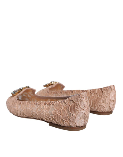 Dolce &amp; Gabbana Beige Lace Crystal Ballet Flats Loafers Shoes