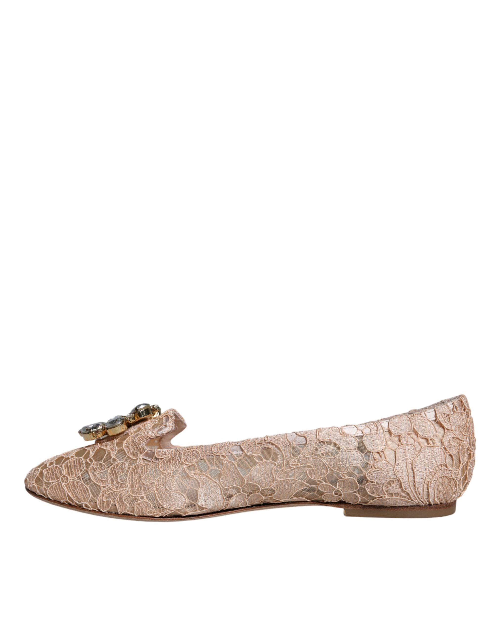 Dolce &amp; Gabbana Beige Lace Crystal Ballet Flats Loafers Shoes