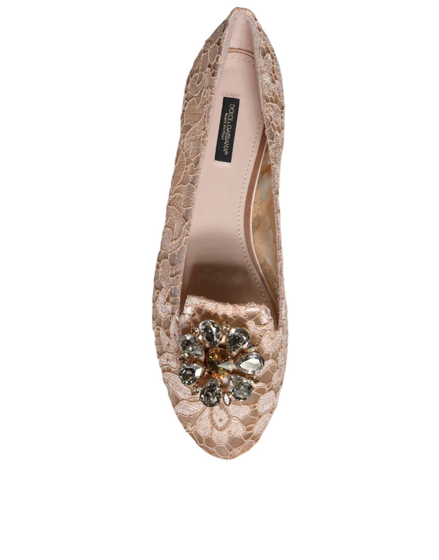 Dolce &amp; Gabbana Beige Lace Crystal Ballet Flats Loafers Shoes